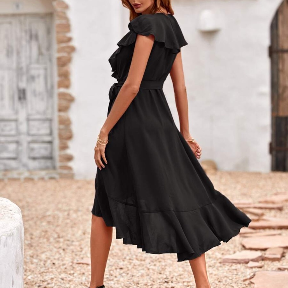 Boho Navy Blue ruffle hem wrap belted Maxi Dress - Picture 3 of 13